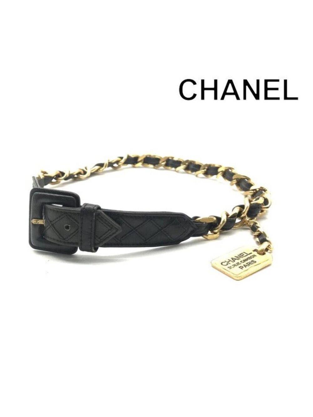Chanel Logo Plate Gold Vintage Leather Chain Belt Black